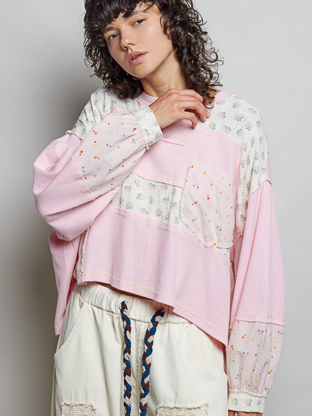 POL  thermal with floral & stripe pattern contrast and stitch detail.
